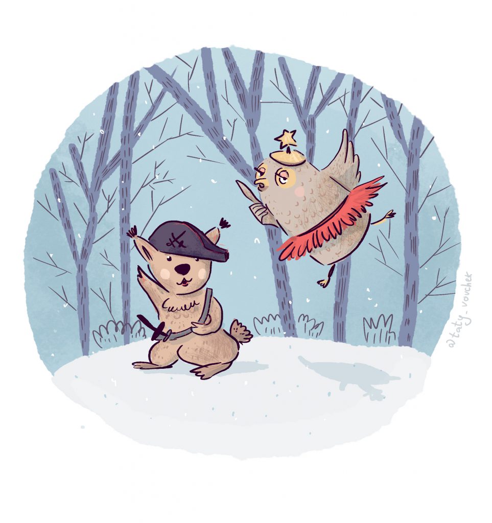 Une chouette et un écureuil sont dans une forêt enneigée. La chouette porte un chapeau étoilé et un tutu de danse tandis que l'autre animal porte un béret et une épée au côté.