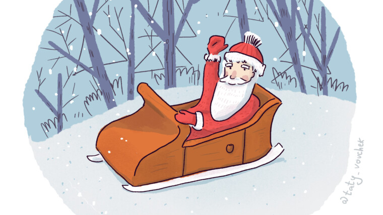 Illustration tirée du chapitre 3 de l'histoire Le Sortilège de Barnabé, sur Plume. Le père Noël est dans son traîneau et il salue de la main..