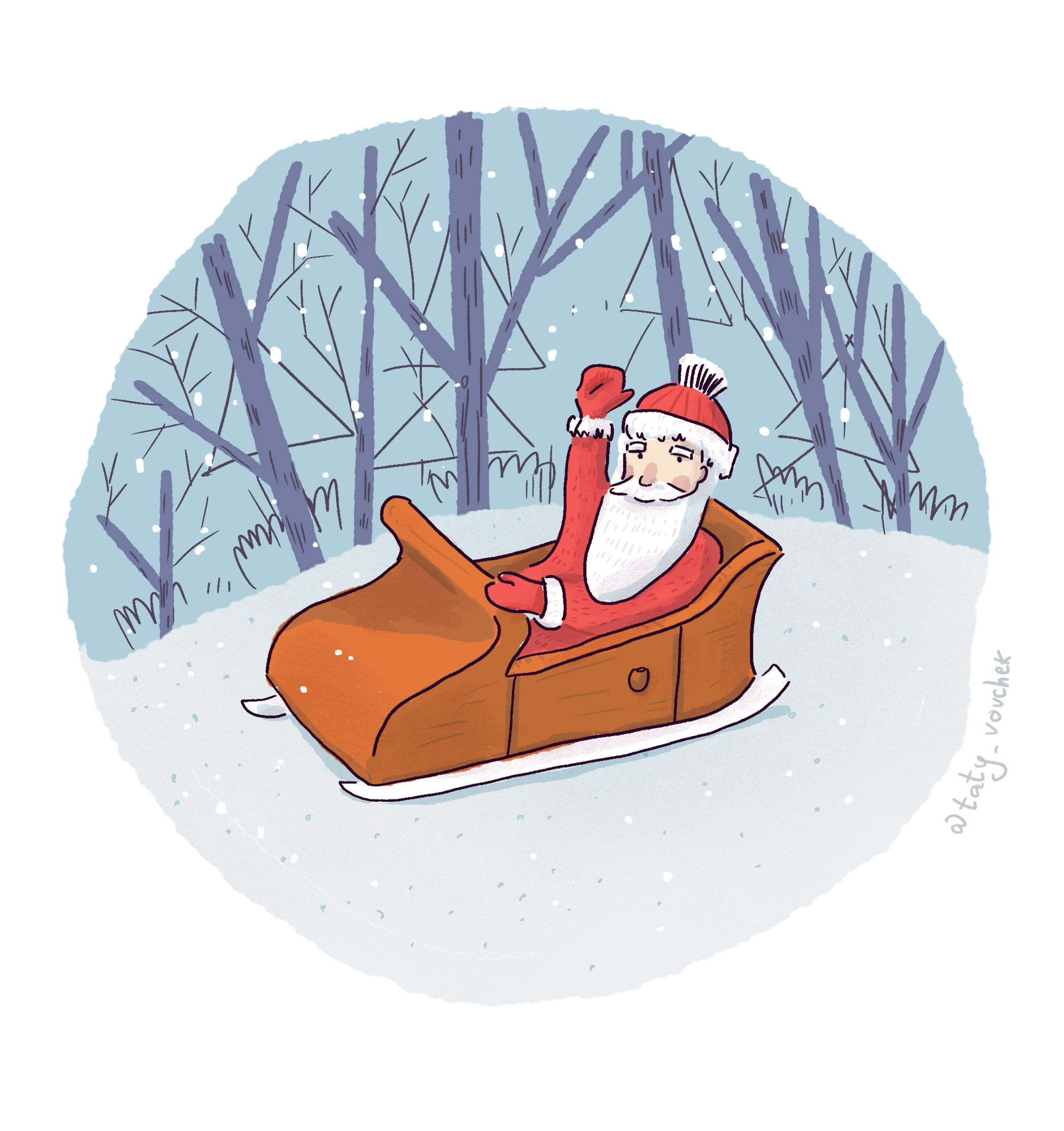 Illustration tirée du chapitre 3 de l'histoire Le Sortilège de Barnabé, sur Plume. Le père Noël est dans son traîneau et il salue de la main..
