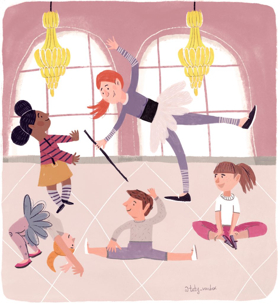 L’image montre des enfants qui dansent ou font des exercices de danse. Elle illustre une possibilité de spectacle.